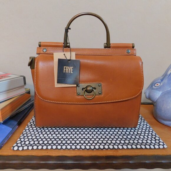 NWT Frye Farrah cognac leather satchel metal top handle tote bag crossbody purse - Picture 2 of 16